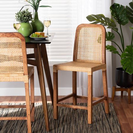 BAXTON STUDIO Caspia MidCentury Modern Walnut Brown Mahogany Wood and Natural Rattan Counter Stool 212-12812-ZORO